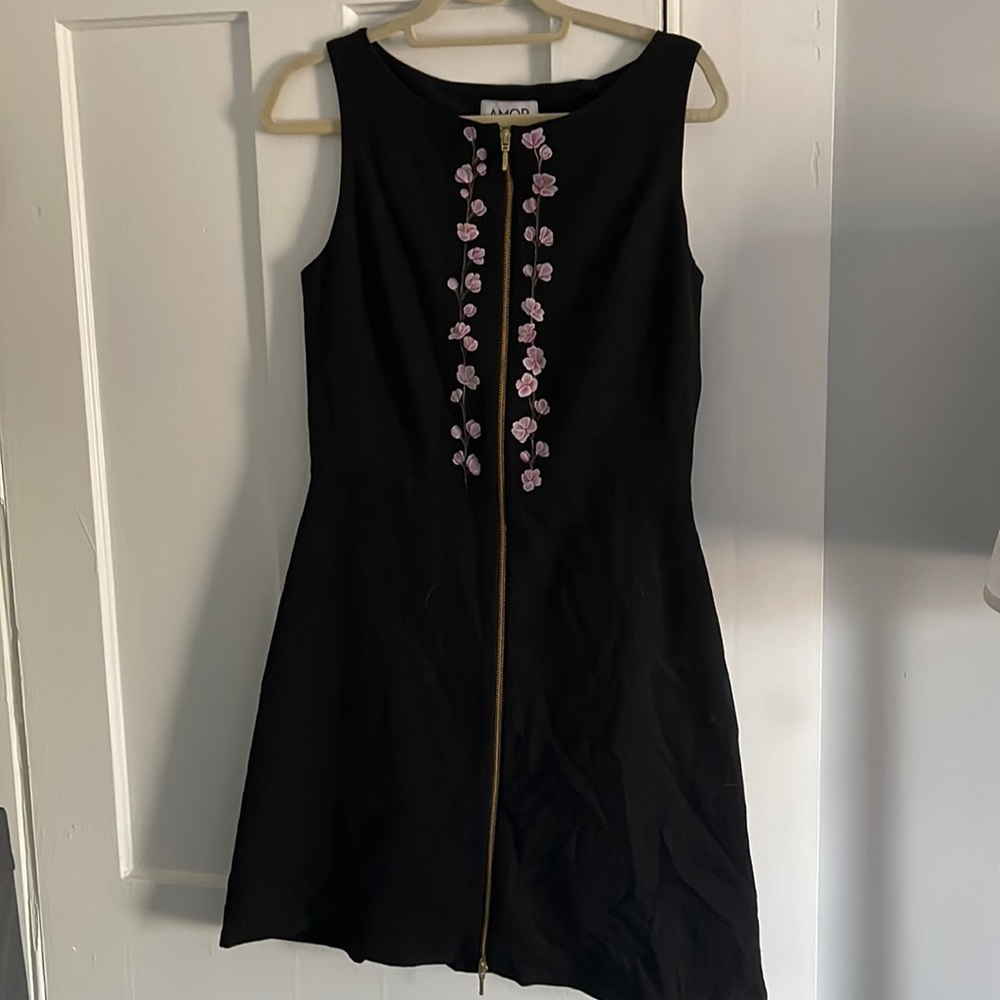 Hand painted black a-line dress with floral details and zipper